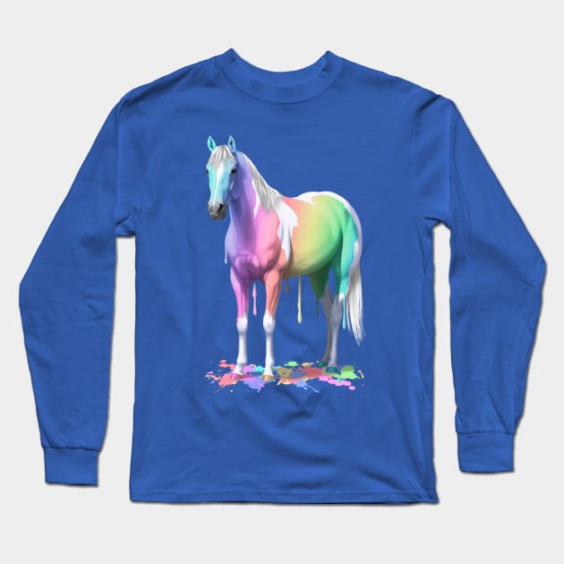 Pastel Rainbow Colors Wet Paint Pinto Horse Long Sleeve T-Shirt by csforest